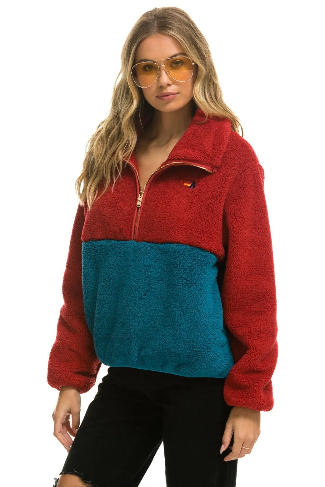 TEDDY APRES HALF ZIP COLOR BLOCK JACKET - CHERRY