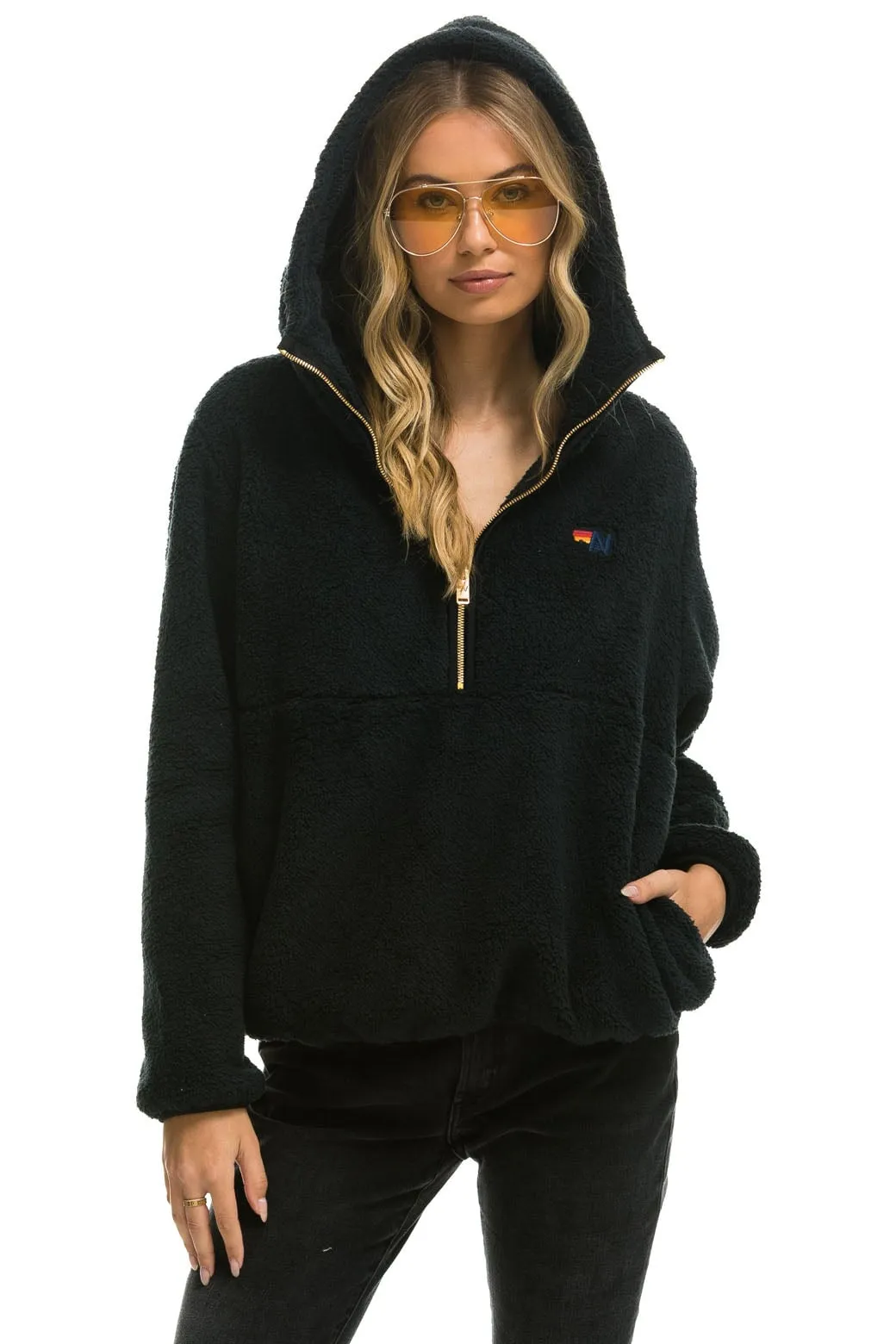 TEDDY APRES  HOODED HALF ZIP JACKET - BLACK