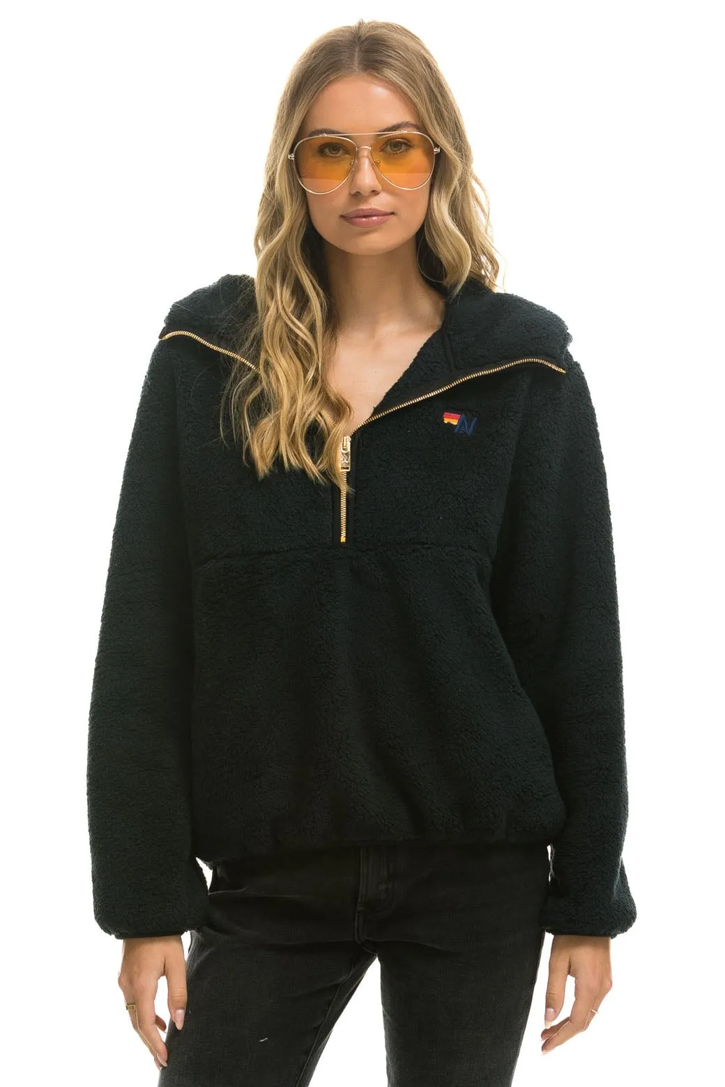 TEDDY APRES  HOODED HALF ZIP JACKET - BLACK