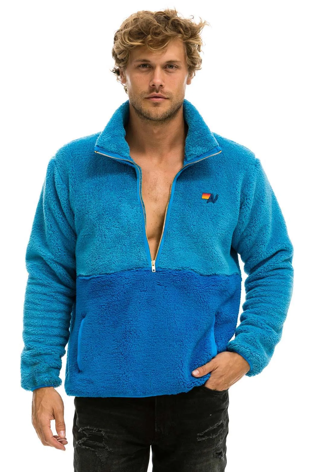 TEDDY UNISEX HALF ZIP COLOR BLOCK JACKET - OCEAN