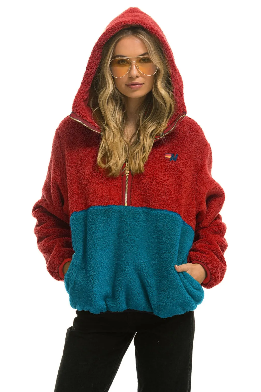 TEDDY UNISEX HOODED HALF ZIP COLOR BLOCK JACKET - CHERRY