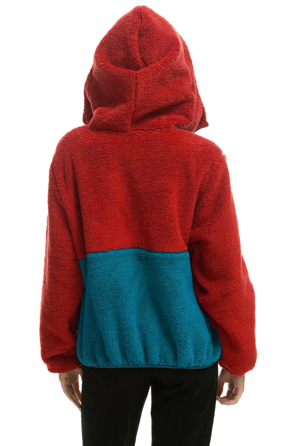 TEDDY UNISEX HOODED HALF ZIP COLOR BLOCK JACKET - CHERRY