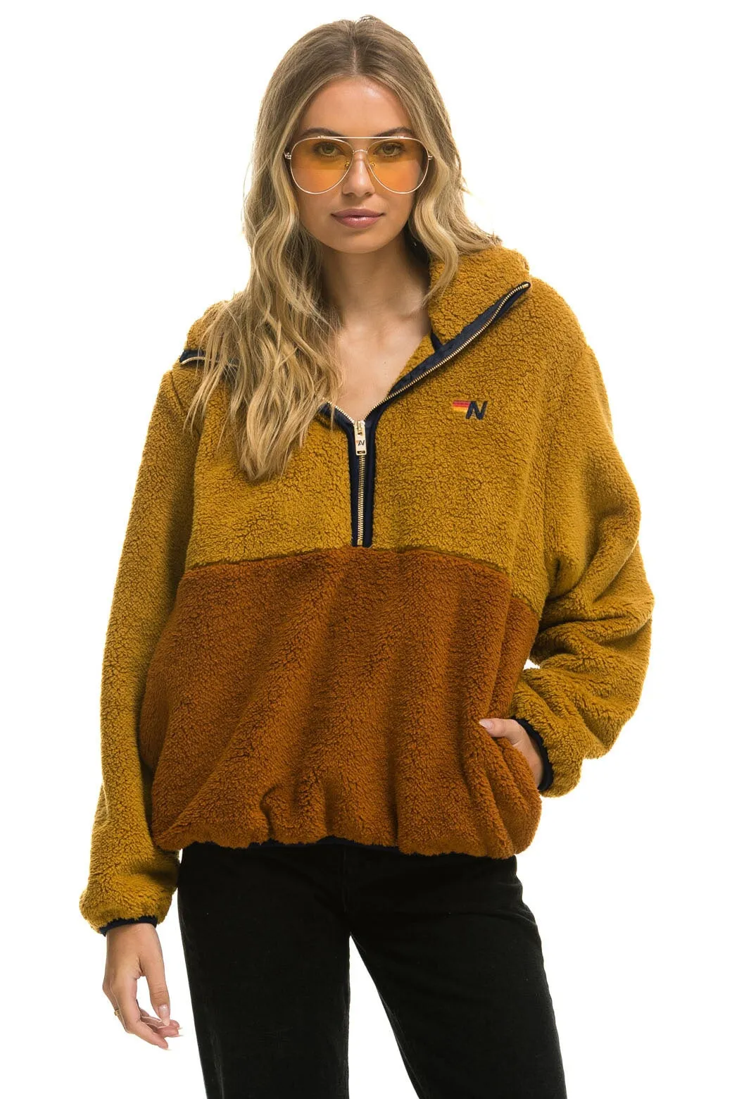 TEDDY UNISEX HOODED HALF ZIP COLOR BLOCK JACKET - HONEY