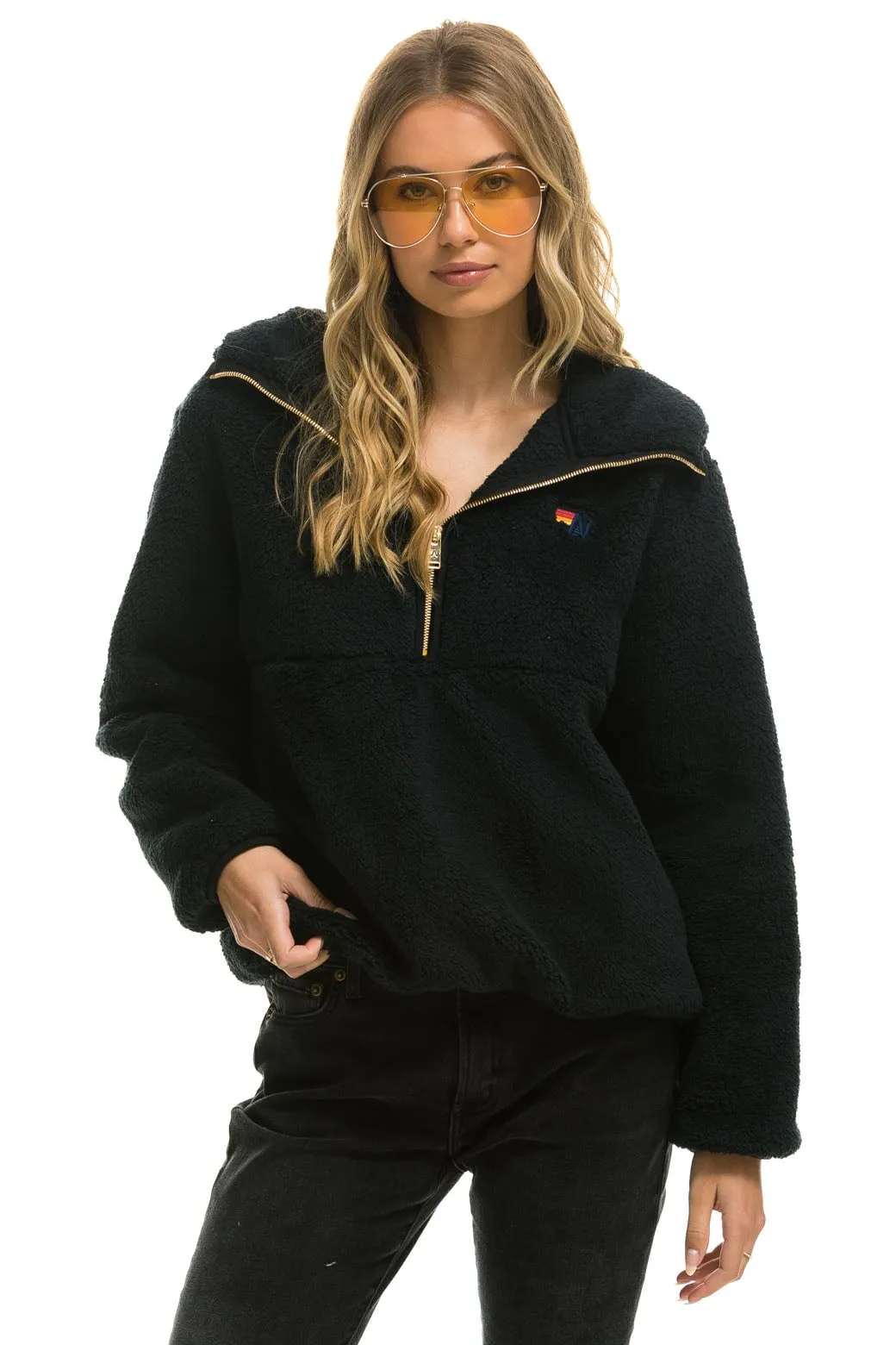 TEDDY UNISEX HOODED HALF ZIP JACKET - BLACK