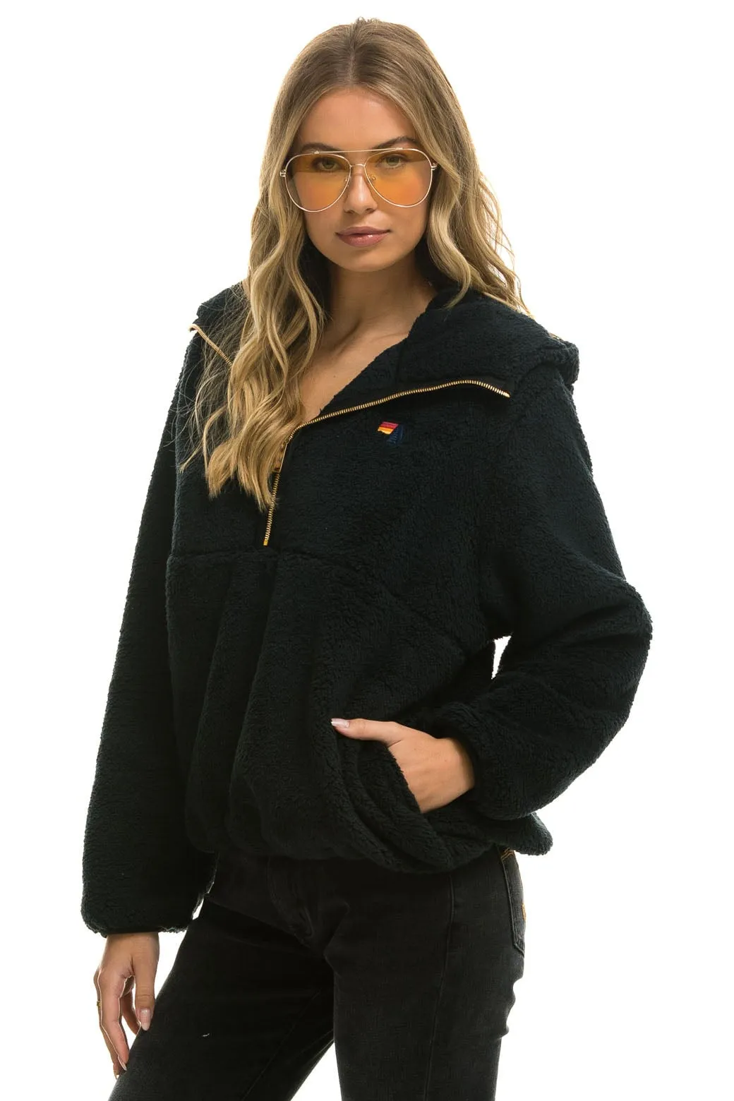 TEDDY UNISEX HOODED HALF ZIP JACKET - BLACK