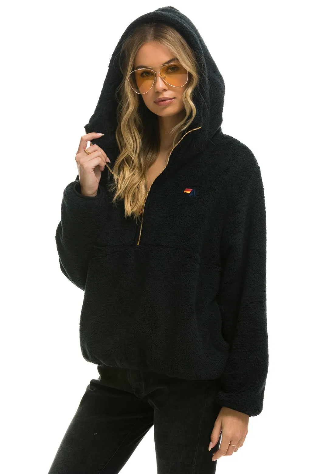 TEDDY UNISEX HOODED HALF ZIP JACKET - BLACK