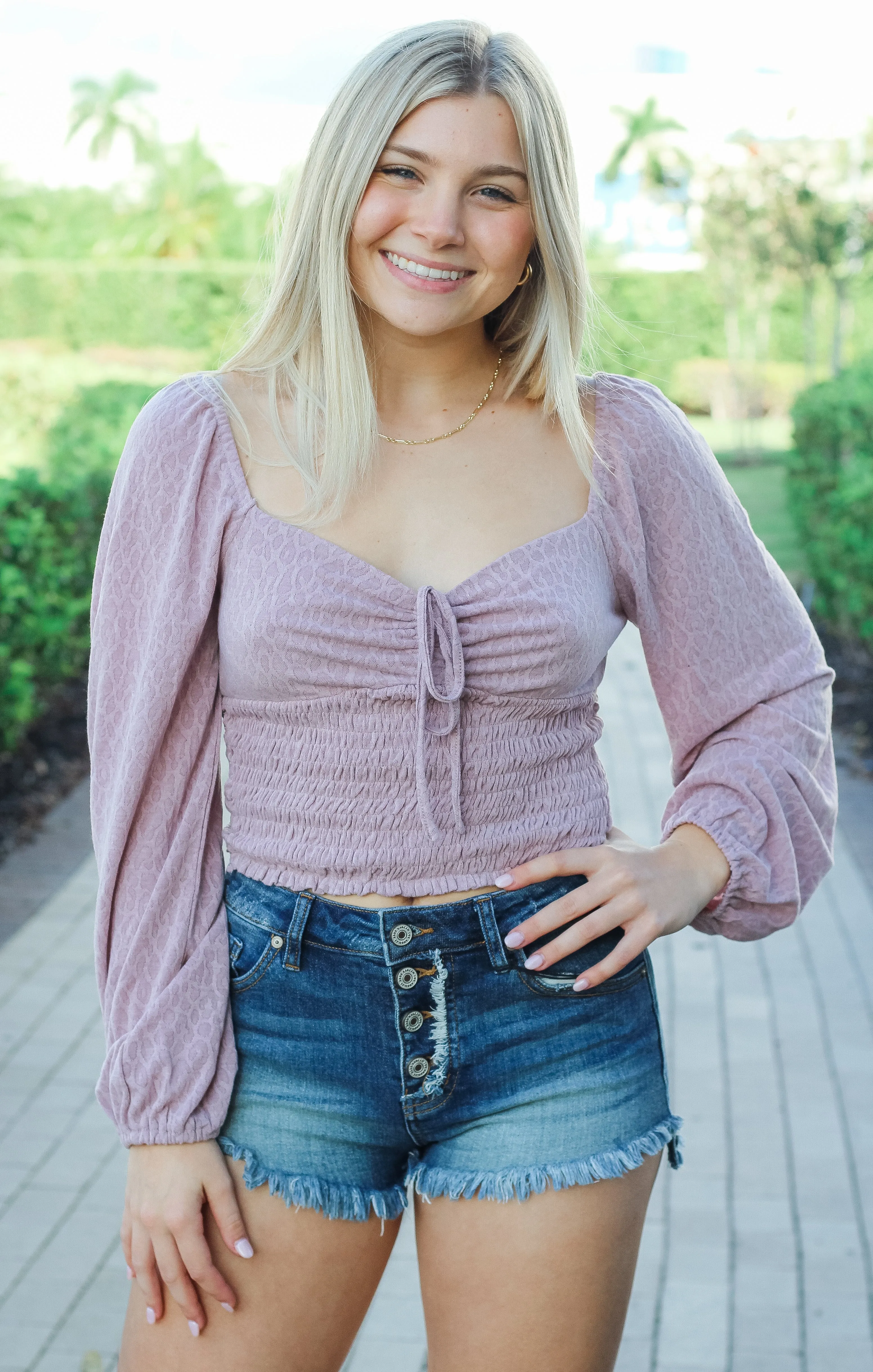 The Mauve Animal Print Smocked Top