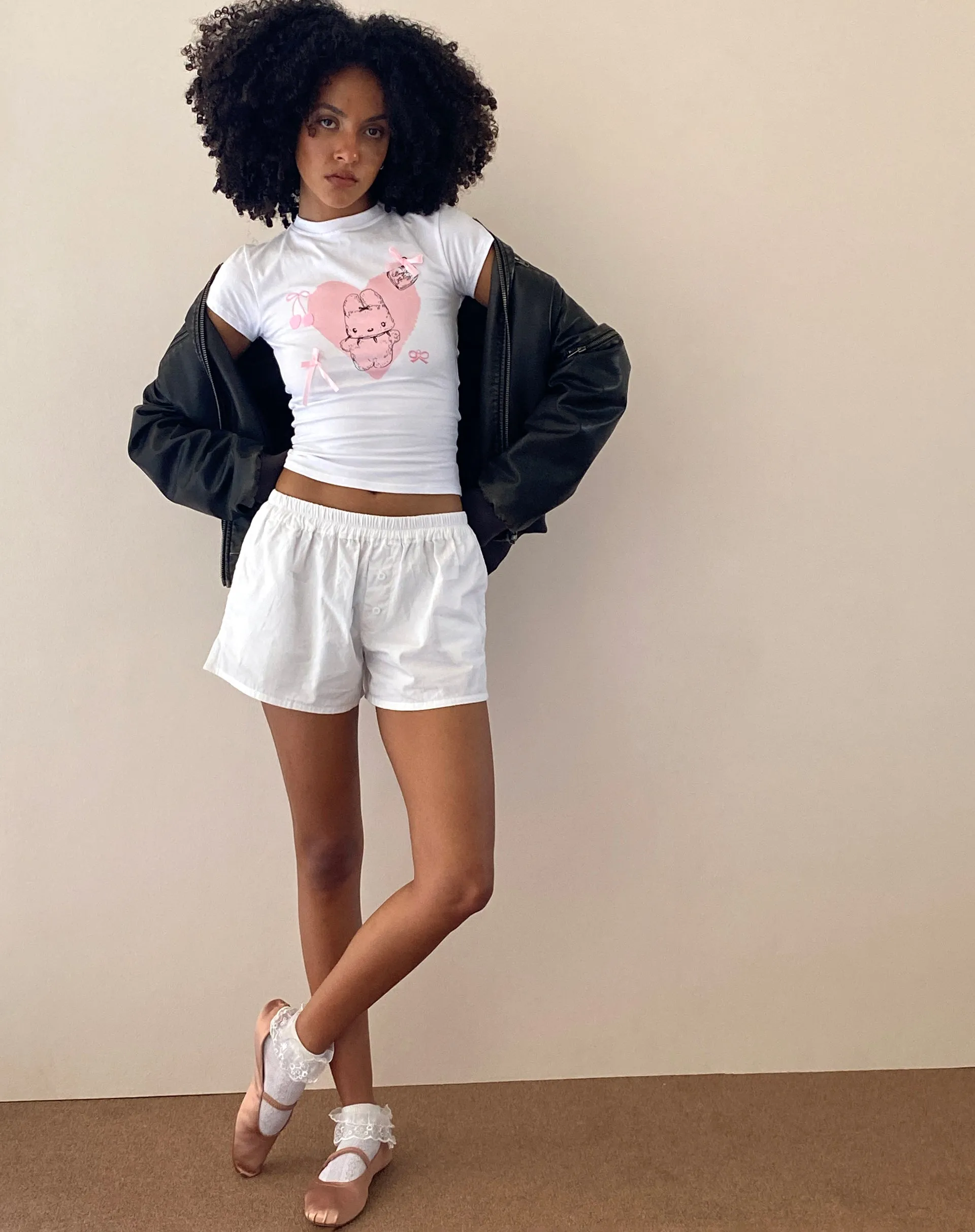 Tiona Cropped Tee in White with Love Bunny Print and Embroidery