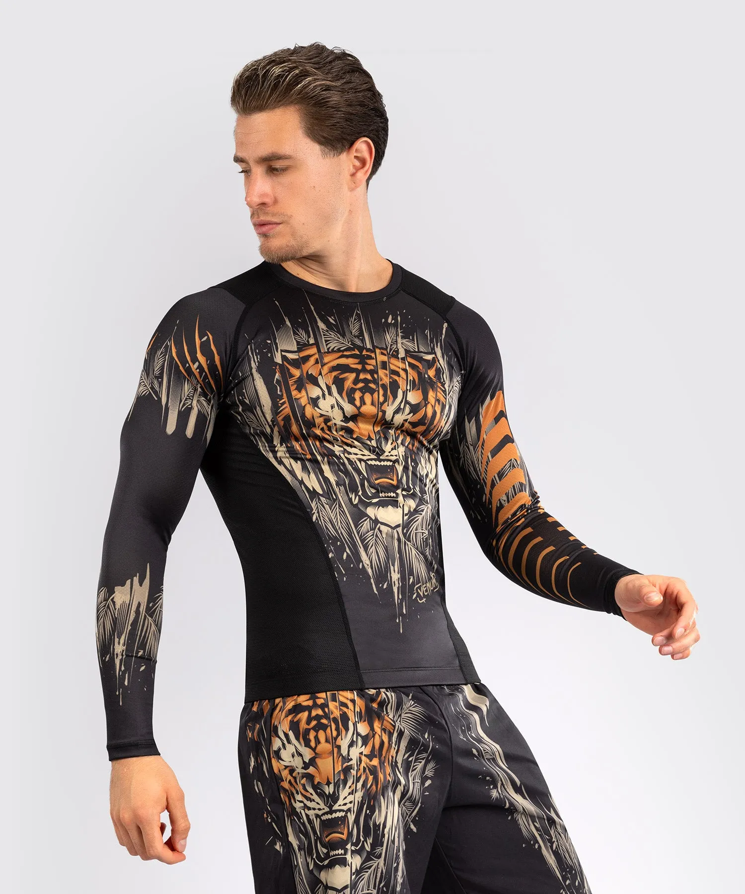 Venum Tiger Men's Long Sleeve Rashguard - Black/Neon Orange