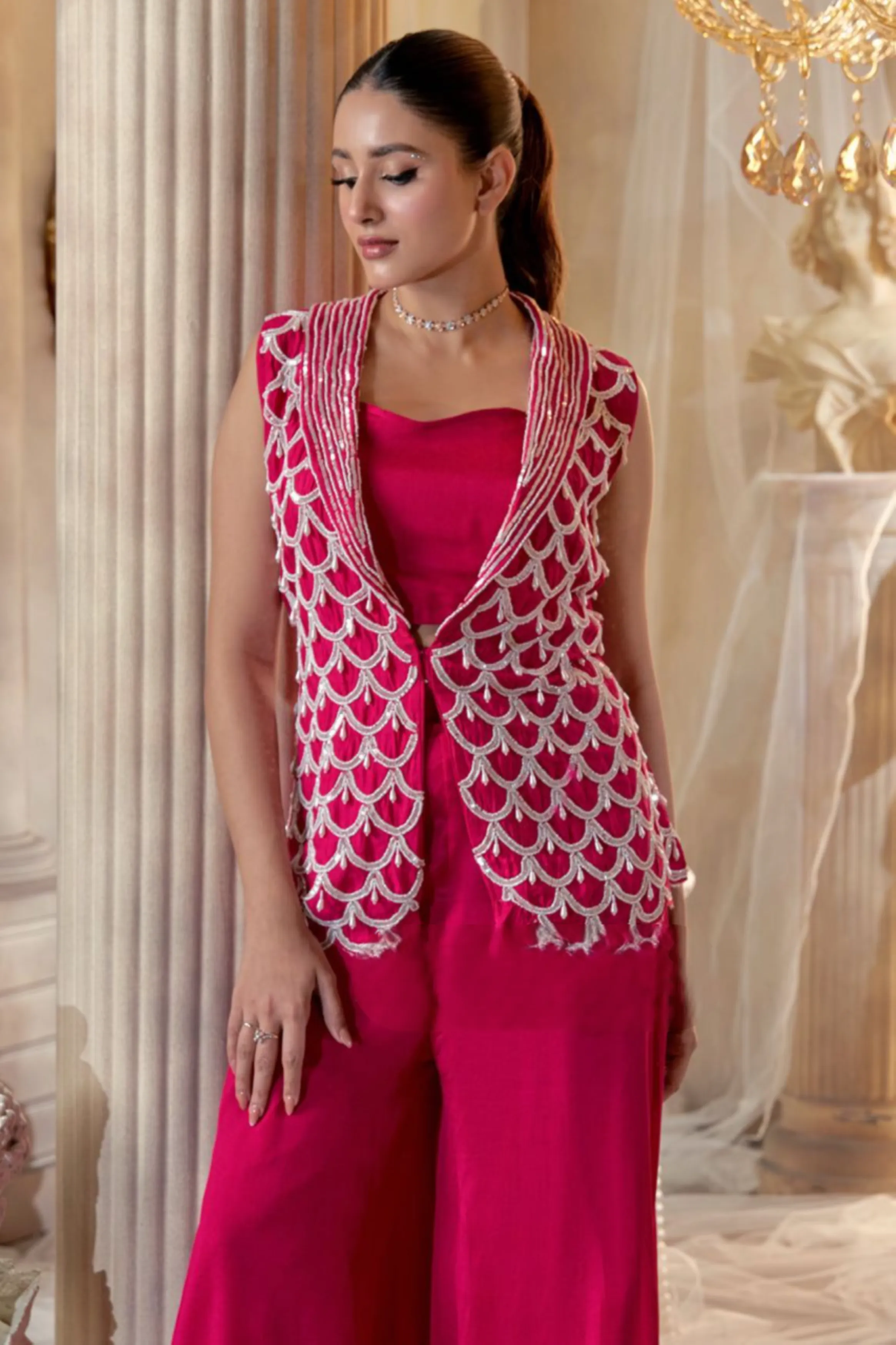 Vibrant Pink Embellished Georgette Silk Jacket Palazzo Set