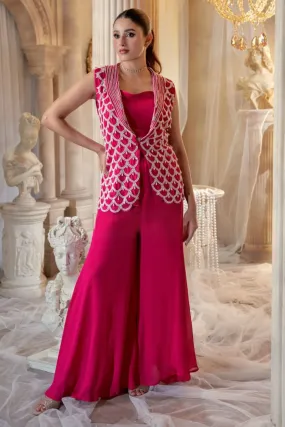 Vibrant Pink Embellished Georgette Silk Jacket Palazzo Set