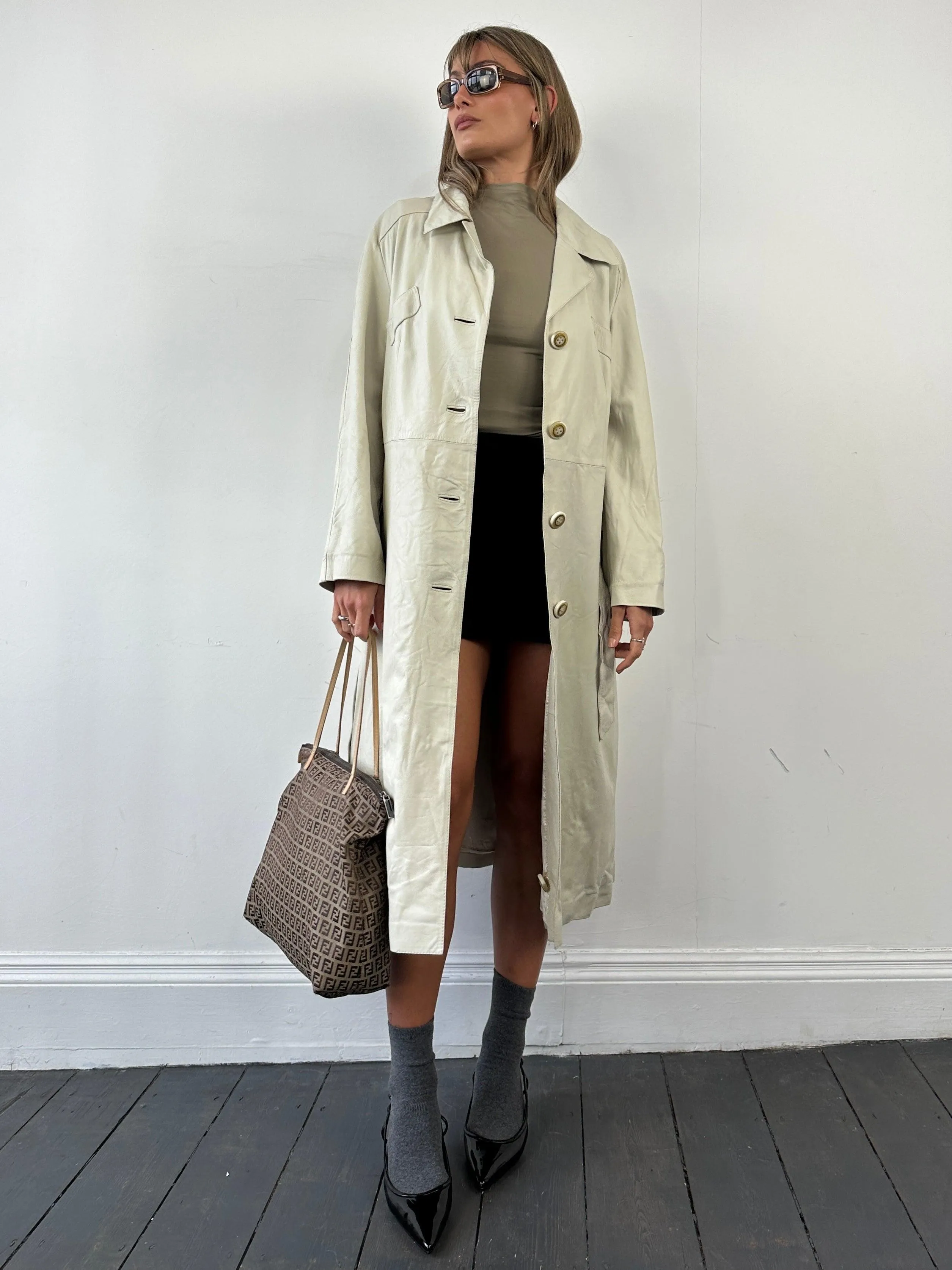 Vintage Belted Leather Trench Coat - M