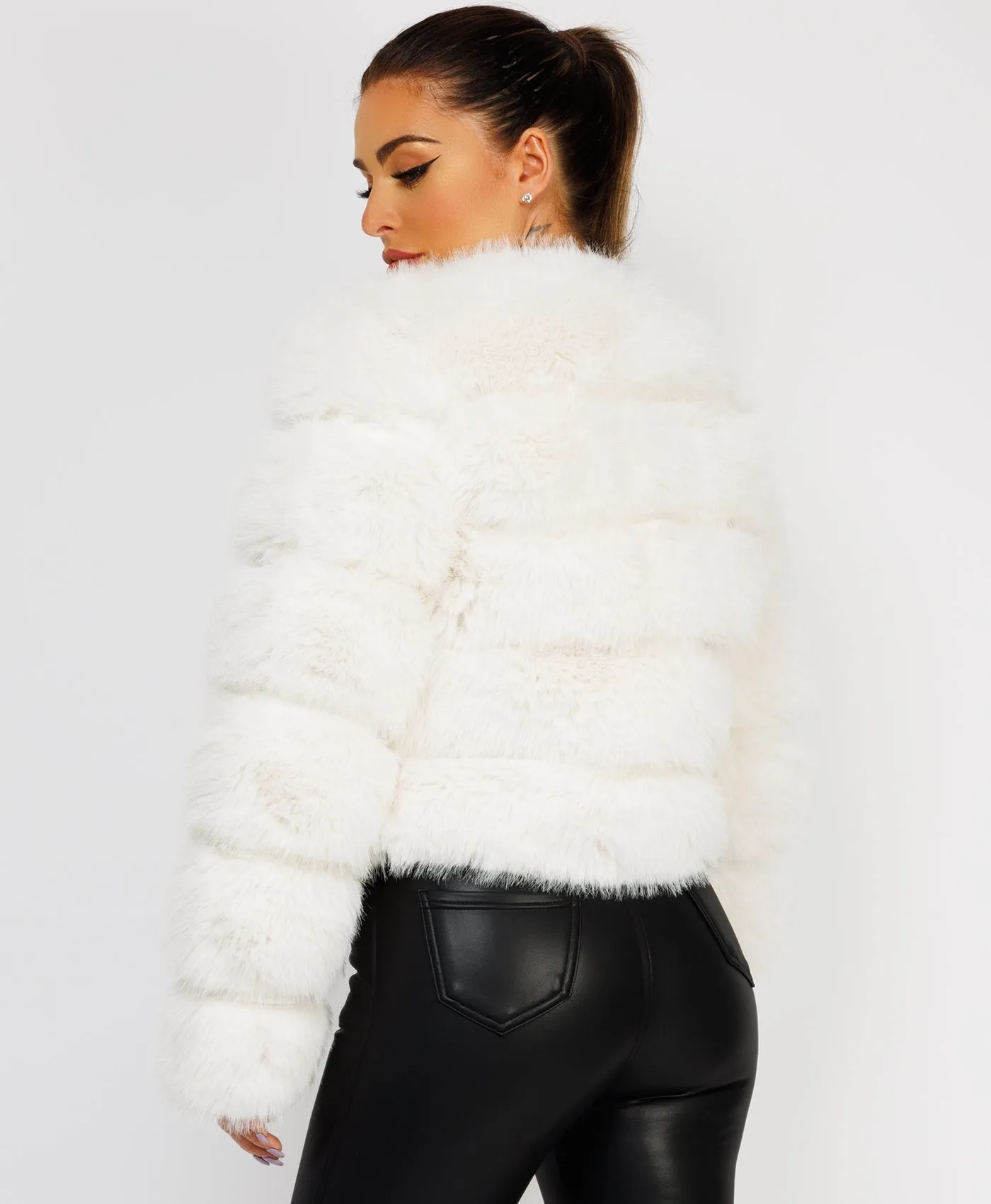 White Faux Fur Tiered Panel Premium Coat Jacket