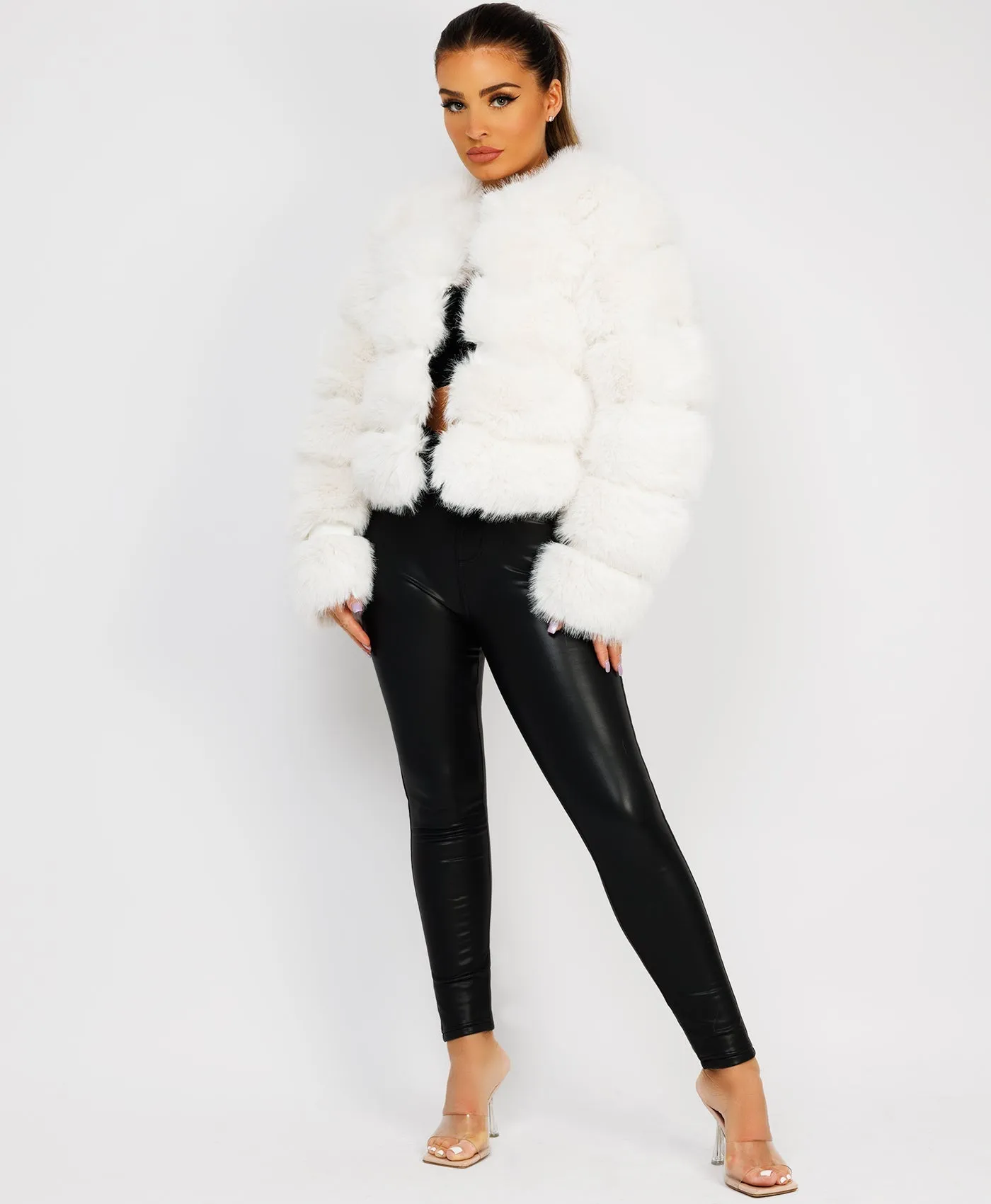 White Faux Fur Tiered Panel Premium Coat Jacket