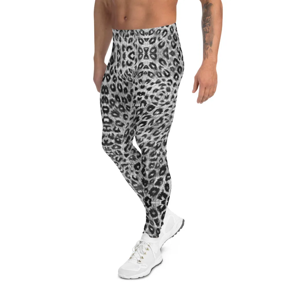 White Leopard Men's Leggings, Black Animal Print Meggings Compression Tights-Made in USA/EU