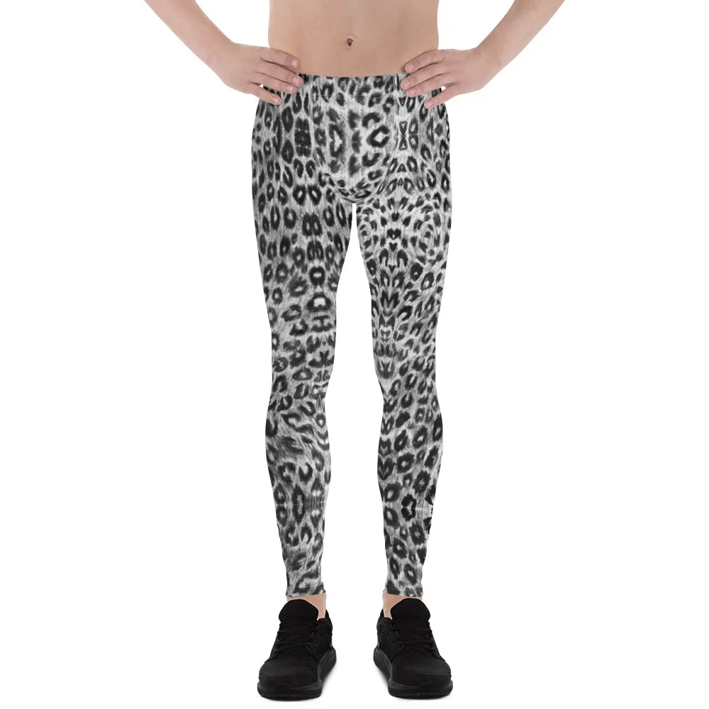 White Leopard Men's Leggings, Black Animal Print Meggings Compression Tights-Made in USA/EU