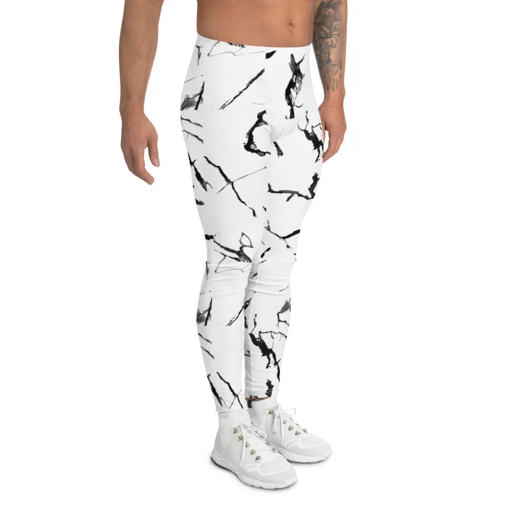 White Marble Print Men's Leggings, Abstract Marbled Style Meggings Fashion Running Tights