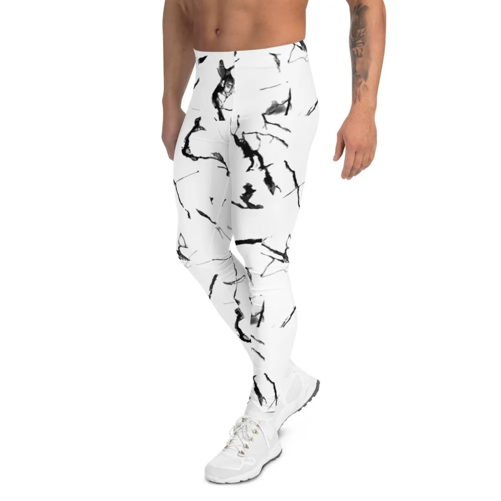 White Marble Print Men's Leggings, Abstract Marbled Style Meggings Fashion Running Tights