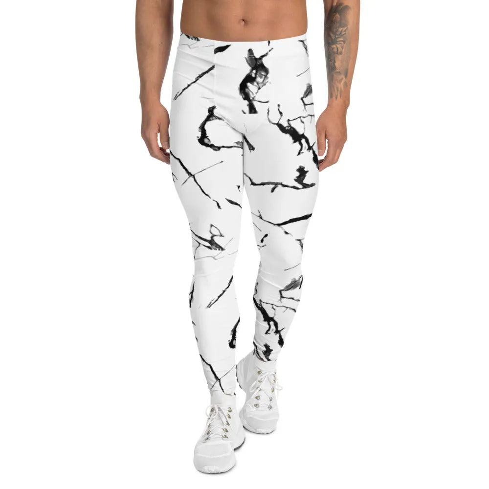 White Marble Print Men's Leggings, Abstract Marbled Style Meggings Fashion Running Tights