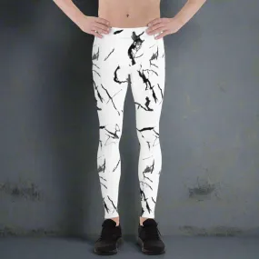 White Marble Print Men's Leggings, Abstract Marbled Style Meggings Fashion Running Tights