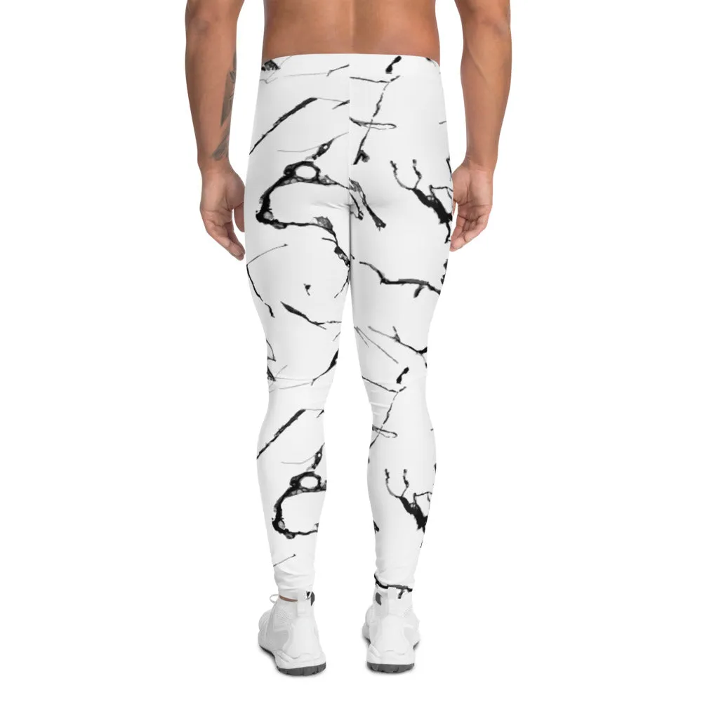 White Marble Print Men's Leggings, Abstract Marbled Style Meggings Fashion Running Tights