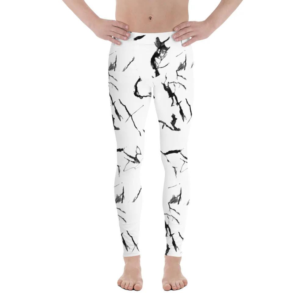 White Marble Print Men's Leggings, Abstract Marbled Style Meggings Fashion Running Tights