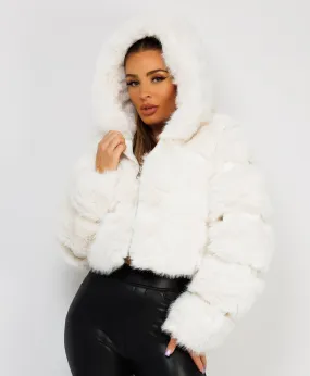 White Premium Hooded Faux Fur Tiered Coat Jacket