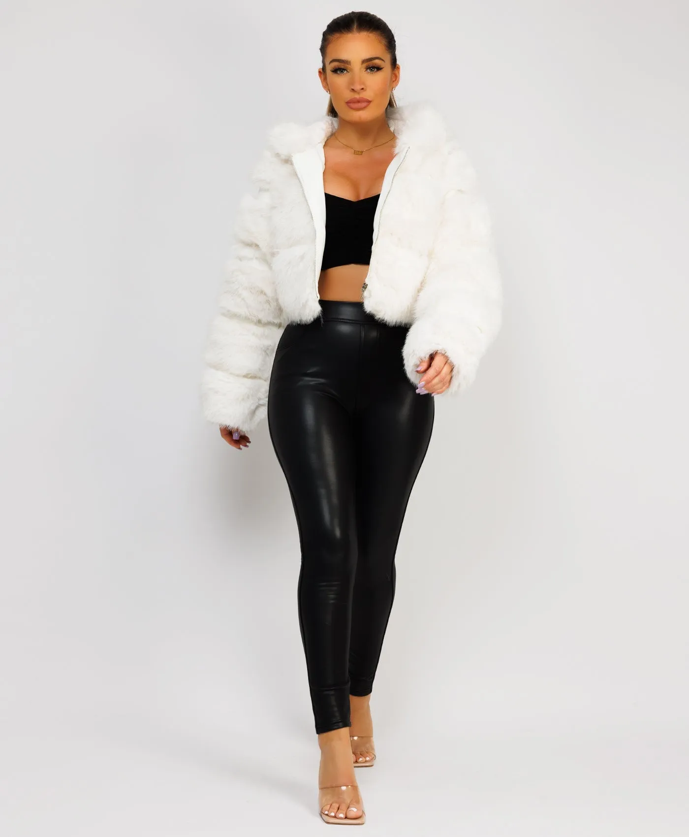 White Premium Hooded Faux Fur Tiered Coat Jacket