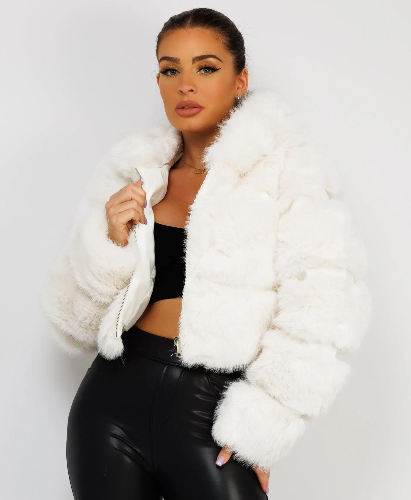 White Premium Hooded Faux Fur Tiered Coat Jacket