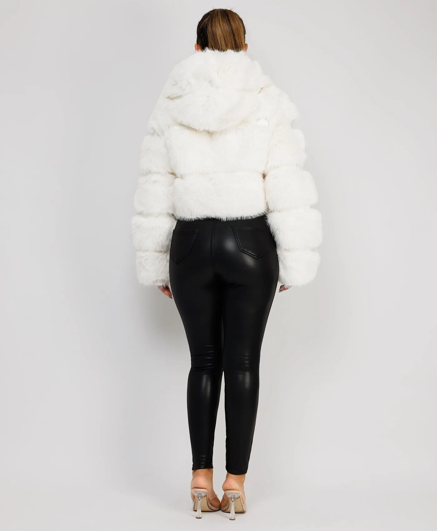 White Premium Hooded Faux Fur Tiered Coat Jacket