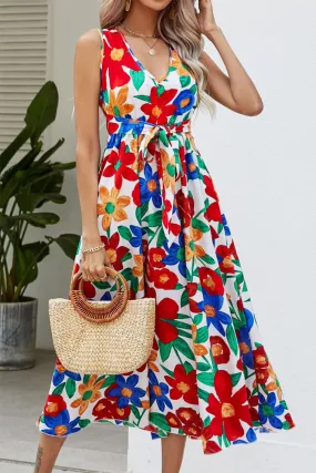 White V-neck Knot Floral Beach Flowy Midi Dress