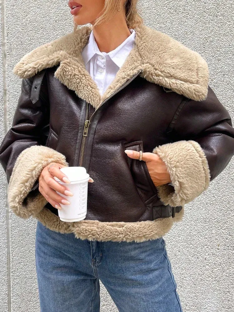 Women Shearling-Lined Bomber - Cozy Faux Leather Jacket