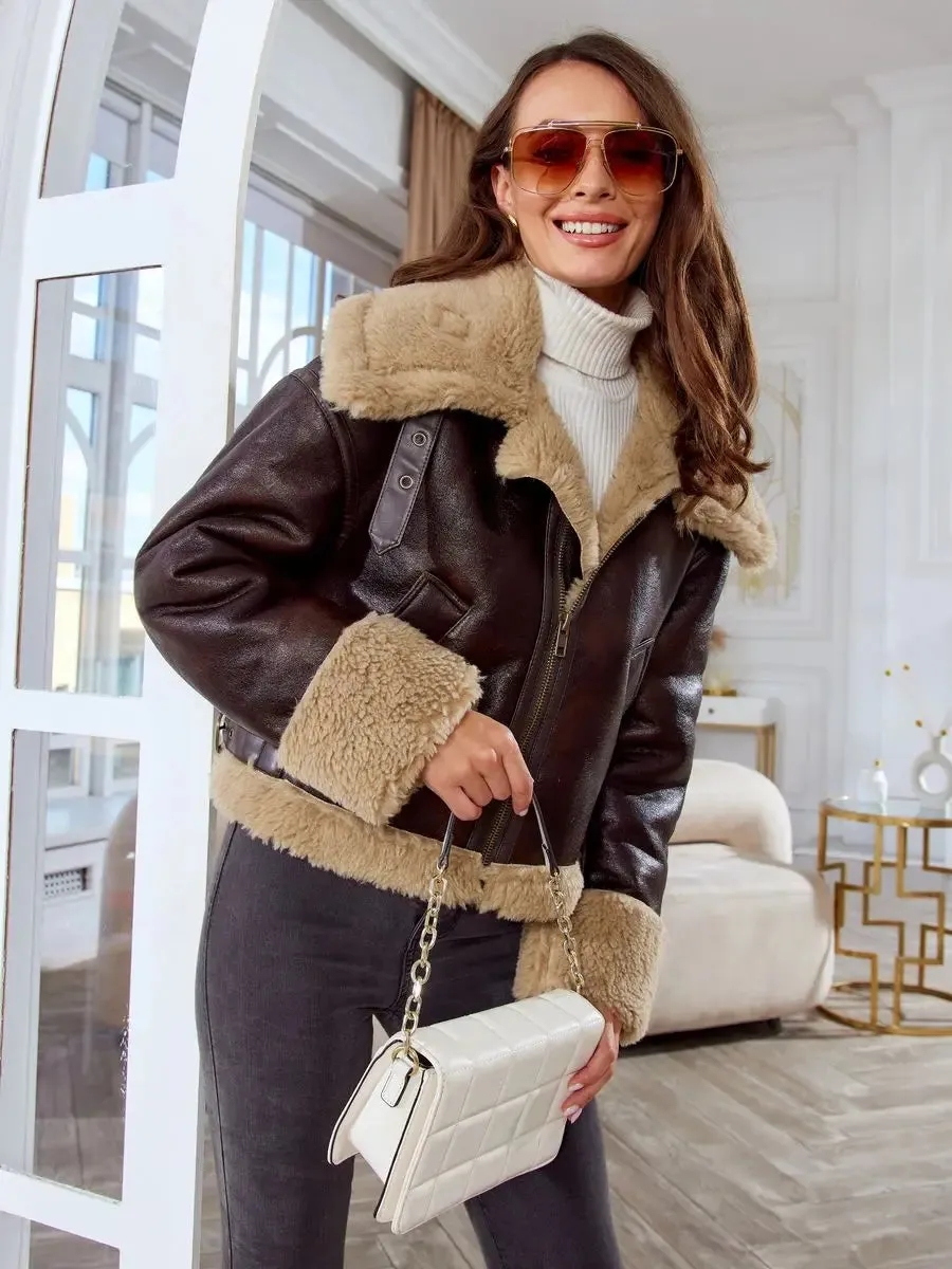 Women Shearling-Lined Bomber - Cozy Faux Leather Jacket