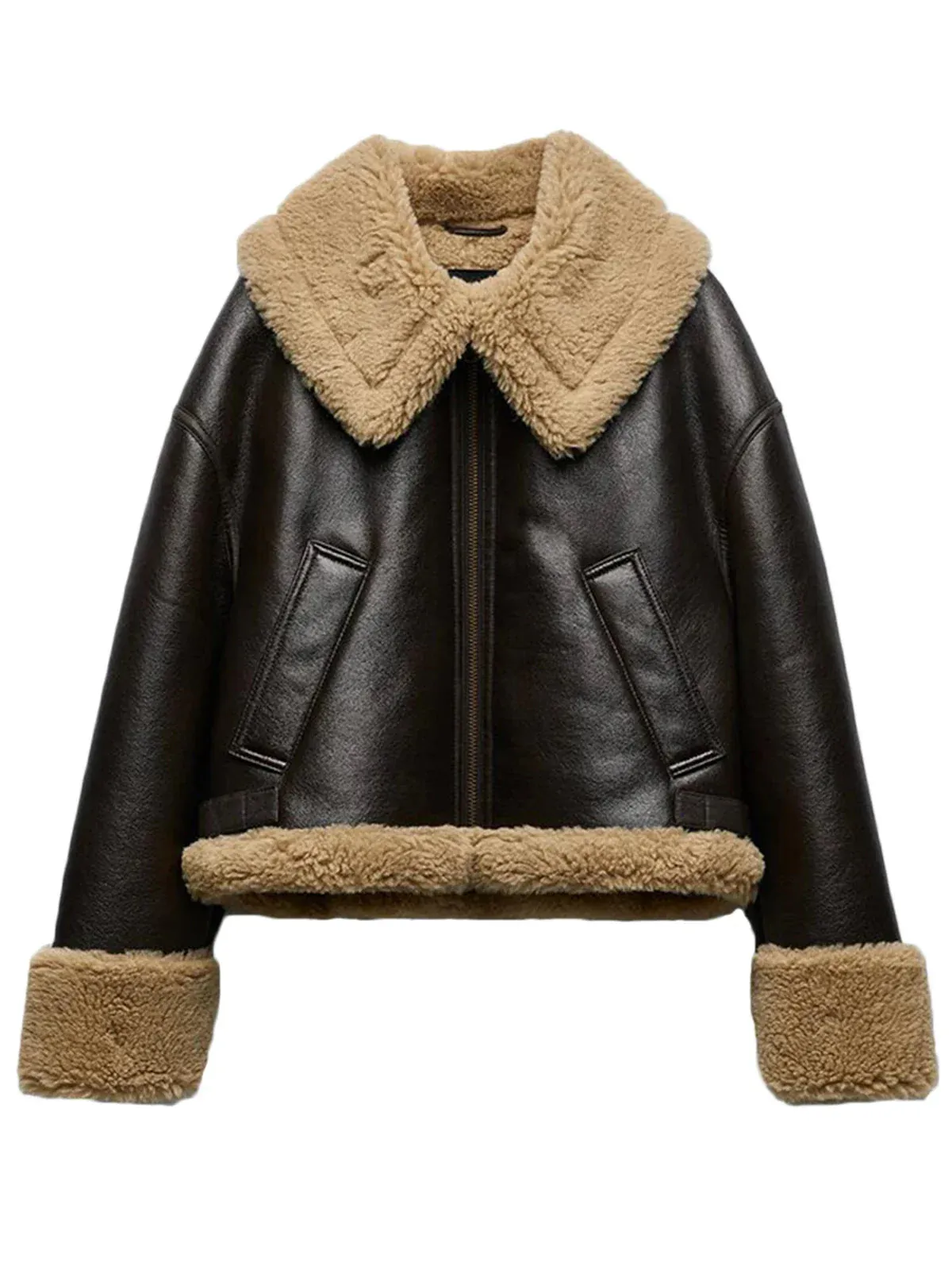 Women Shearling-Lined Bomber - Cozy Faux Leather Jacket