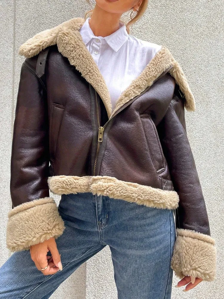 Women Shearling-Lined Bomber - Cozy Faux Leather Jacket