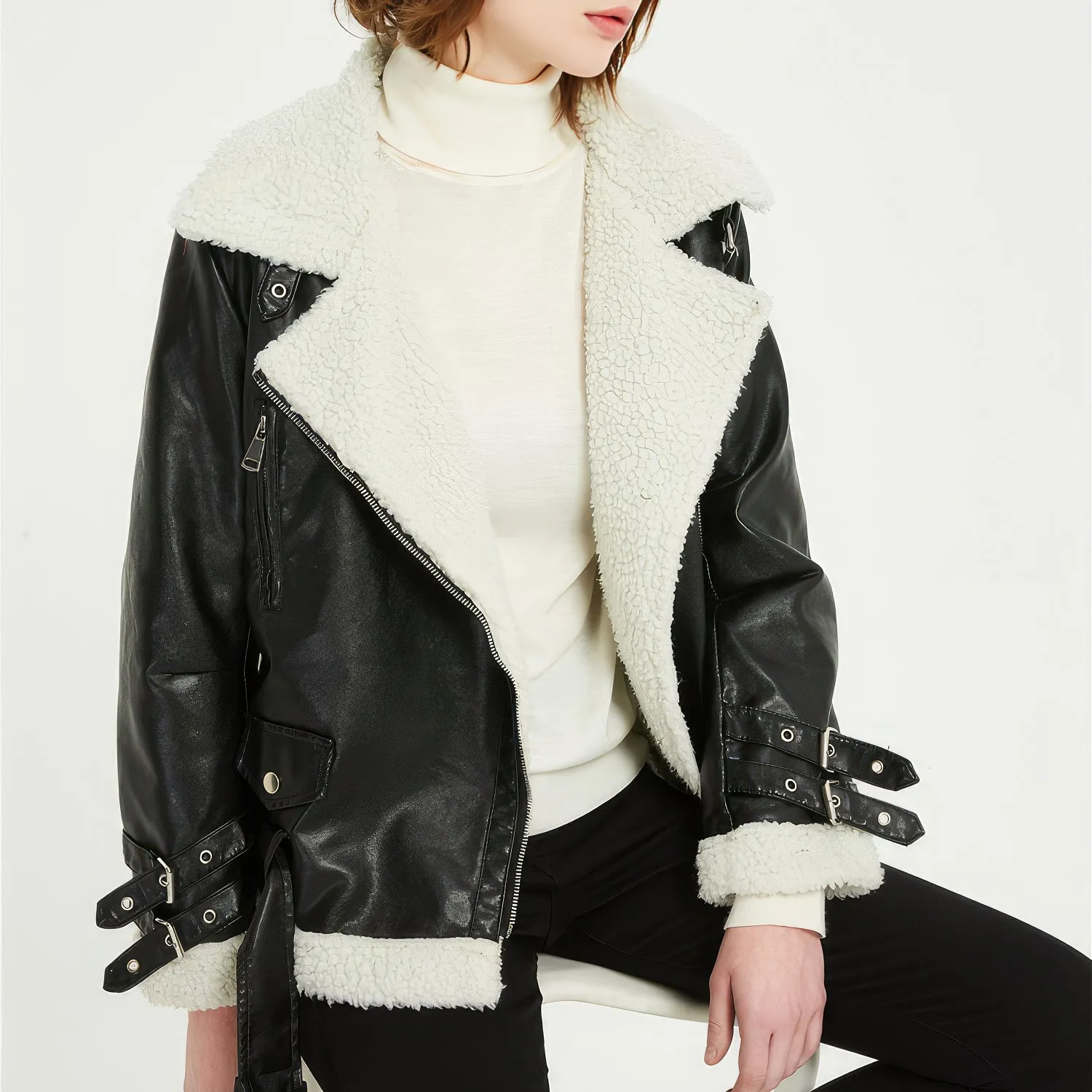 Women’s Black Genuine Sheepskin Sherpa Shearling Faux Fur Lined Winter Warm Korean style Asymmetric Zip-Up Leather Jacket