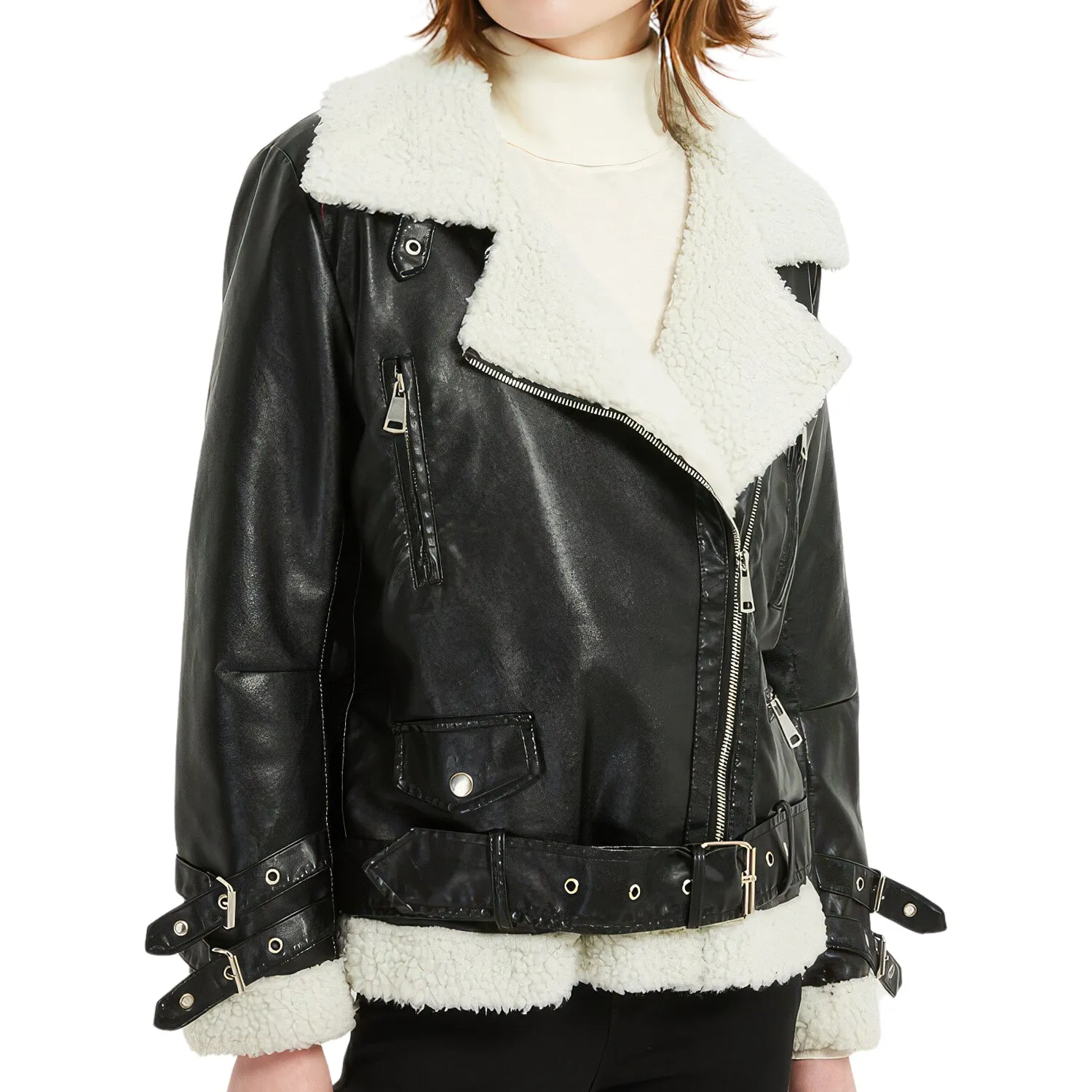 Women’s Black Genuine Sheepskin Sherpa Shearling Faux Fur Lined Winter Warm Korean style Asymmetric Zip-Up Leather Jacket