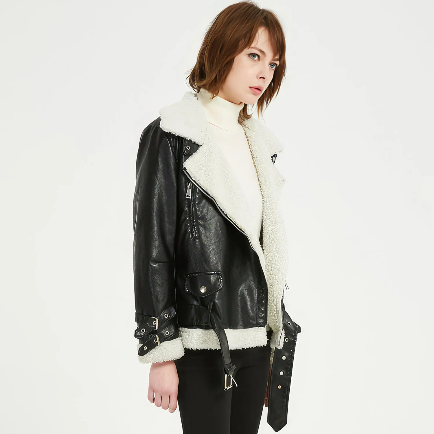 Women’s Black Genuine Sheepskin Sherpa Shearling Faux Fur Lined Winter Warm Korean style Asymmetric Zip-Up Leather Jacket