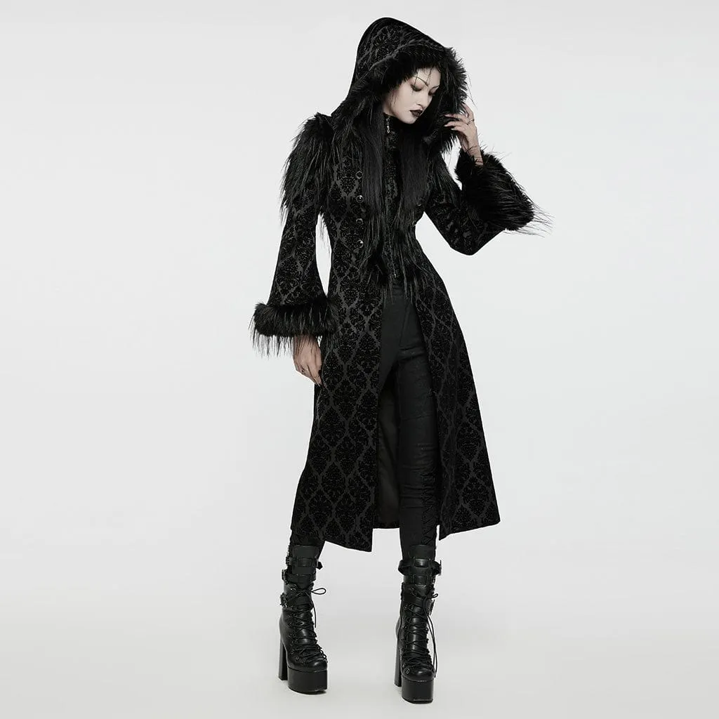 Women's Gothic Faux Fur Splice Jacquard Coat with Hood