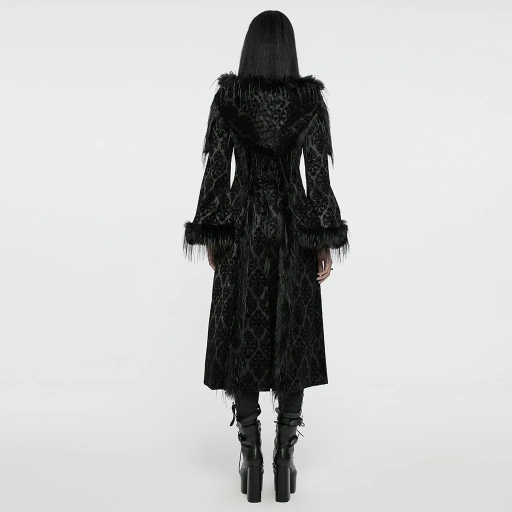 Women's Gothic Faux Fur Splice Jacquard Coat with Hood